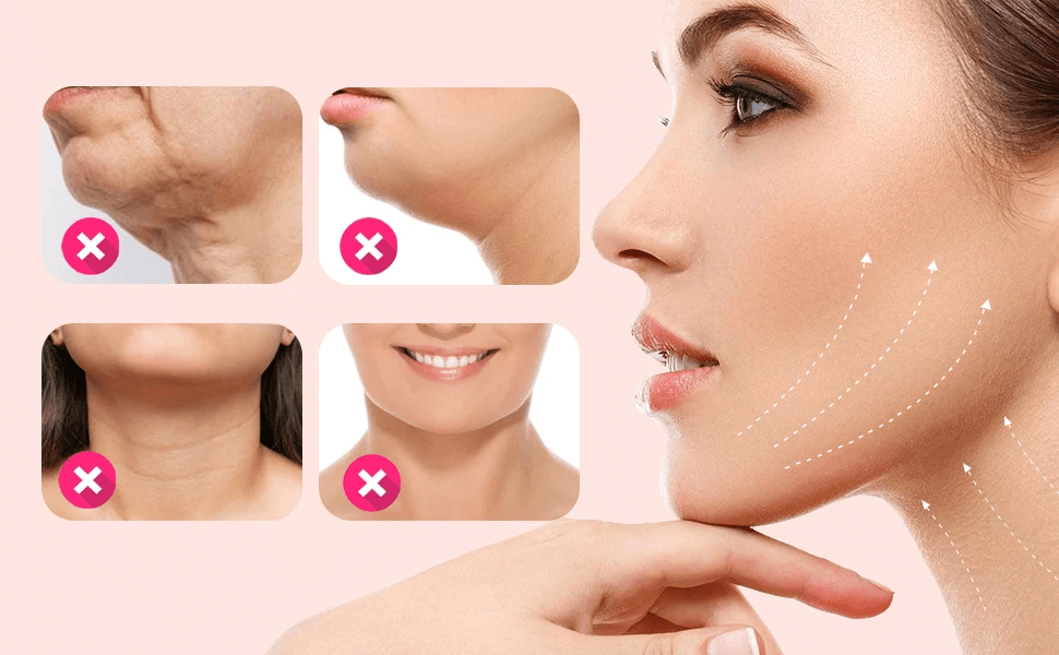 Woman pointing to her face with dotted lines, surrounded by before-and-after images on a pink background.